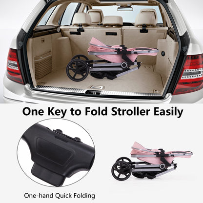 Lortsybab 2-in-1 Baby Stroller - Folding Infant Newborn Pram Stroller with Reversible Seat - Toddler Strollers for 0-36 Months Old Babies (Pink)