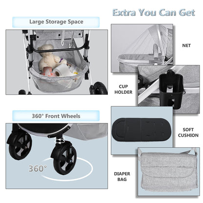 Kinder King 2 in 1 Convertible Baby Stroller, Folding High Landscape Infant Carriage, Newborn Reversible Pram, Adjustable Canopy, Diaper Bag, Pink