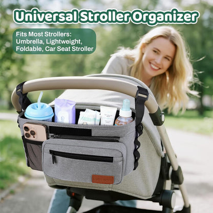 Guiseapue Universal Stroller Organizer with Cup Holder: Stroller Caddy Accessories with Detachable Phone Bag Fit for Uppababy, Non-Slip Straps, Walker Accessories, First Mothers Day Gifts for New Mom