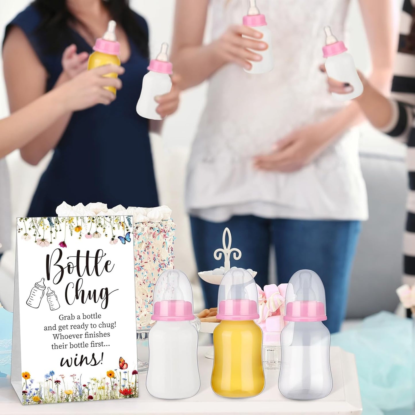 TrelaCo Bottle Chug Baby Shower Game 20 Pcs Baby Bottles Shower Favor with 1 Greenery Theme Sign for Gender Reveal Party Supplies Gifts(Green)