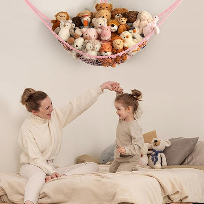 Stuffed Animal Storage Hammock Net Corner - Large Toy Hammock Net for Stuffed Animals Room Decor - Cute Stuff Animal Organizer Holder for Plush Plushie - Kids Baby Nursery Wall Bedroom Home Decor