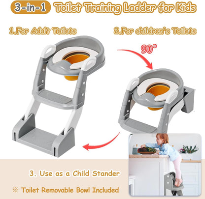 3 in 1 Toddler Potty Training Seat Chair with Ladder and Basin for Boys and Girls, Adjustable Kids Potty Training Seat for Toilet with Anti-Slip Wide Steps and Safety Handles (Green)
