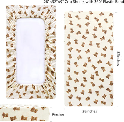 LifeTree Crib Sheets for Baby Unisex - Muslin Fitted Crib Sheets Toddler Bed Sheet, 70% Viscose from Bamboo and 30% Cotton, Fits Mini Crib & Pack and Play Playard, Bear, 26in x 38in
