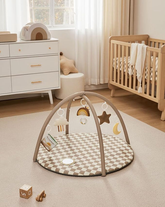 Blissful Diary Baby Play Gym Mat, Play Mat Activity Mat with 6 Detachable Toys for Stage-Based Sensory & Motor Skill Development, Easy to Install & Clean, Baby Essentials Gift, Brown Checkerboard