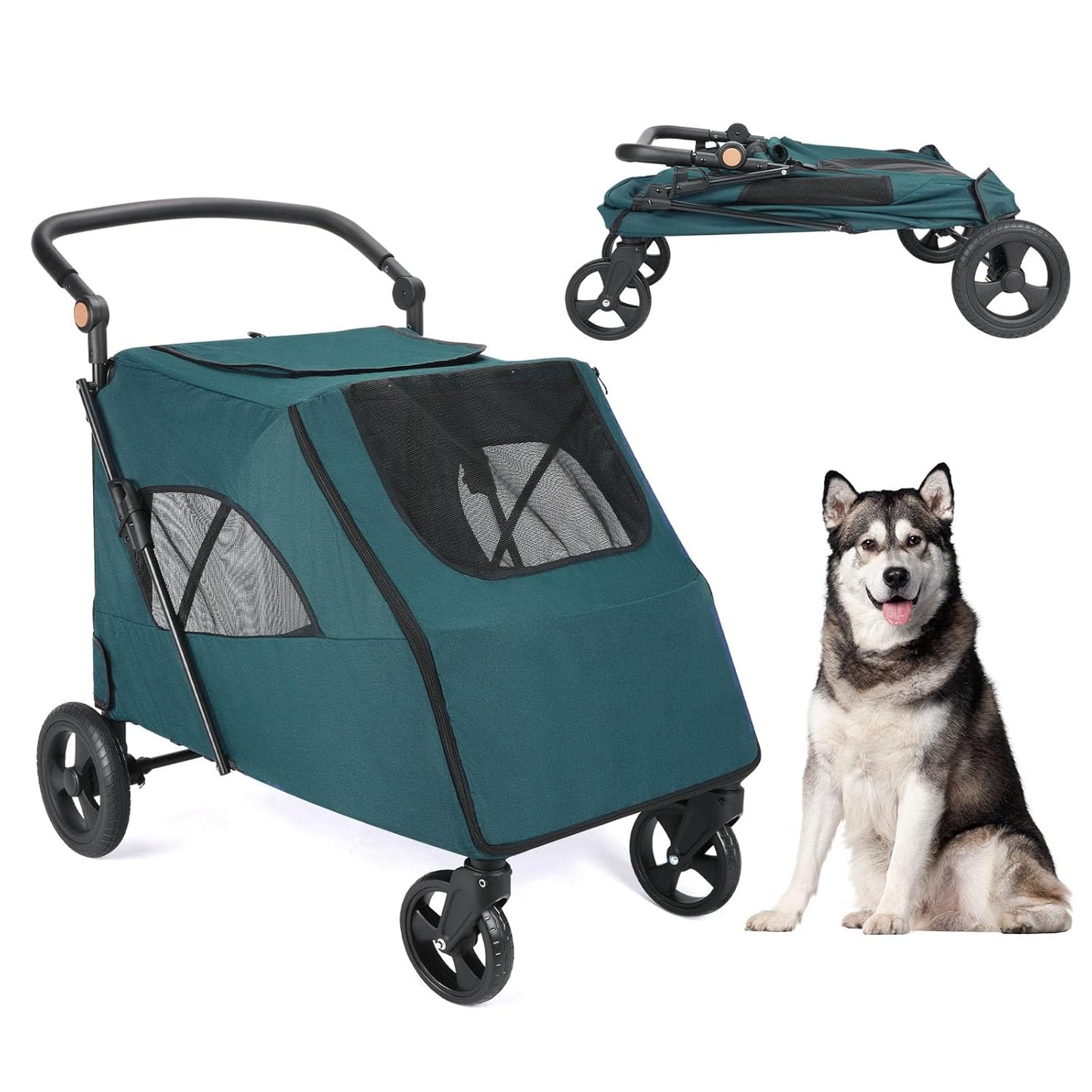 Large Dog Travel Stroller with 4 Heavy Duty Wheels Pet Stroller with Adjustable Handle - Double Doggie Capacity Jogger Wagon with Back Front Door for Small Medium Large Dogs (Dark Light Gray)