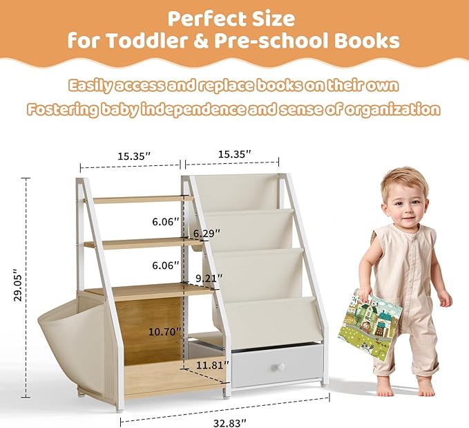 HAVLOTII Kids Bookshelf and Toy Storage - Book Shelf for Kids Rooms, Toddler Bookshelf Baby Bookcase for Nursery, Montessori Toy Organizer, Burlywood