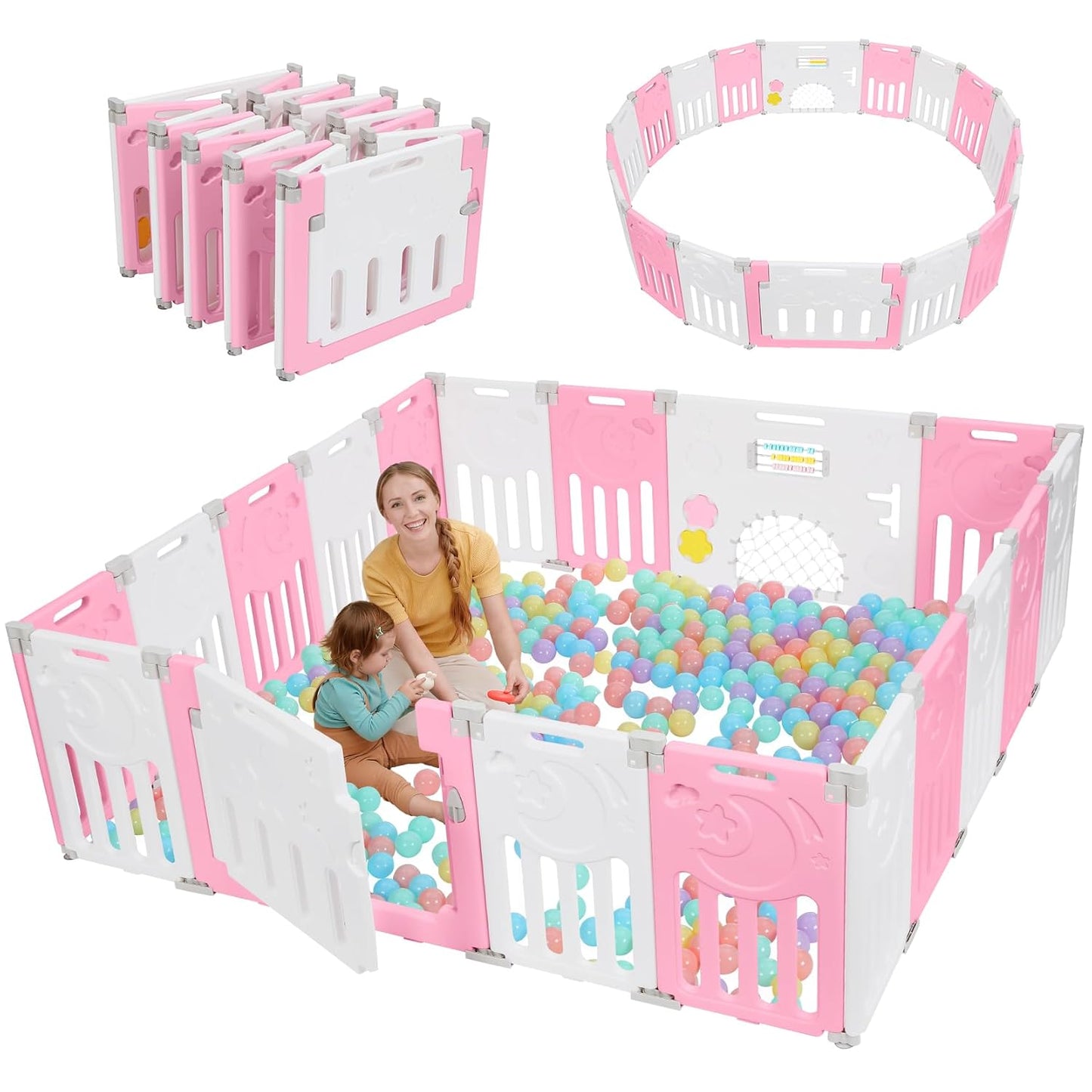 Baby Playpen, Dripex Baby Playard for Babies and Toddlers, 14-Panel Foldable Playpen Adjustable Portable Play Area, Indoor/Outdoor Kids Active Center with Game Panel & Safety Gate, Grey White