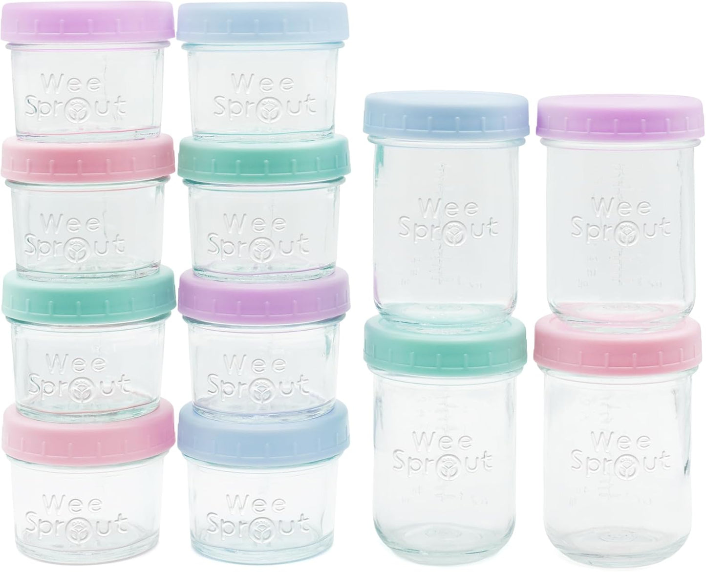 WeeSprout Glass Baby Food Storage Jars w/Lids (4 oz, 12 Pack Set) Snack, Puree, Reusable Small Containers, Breast Milk, Fridge or Freezer, Microwave & Dishwasher Safe, Essential Must Have for Infants