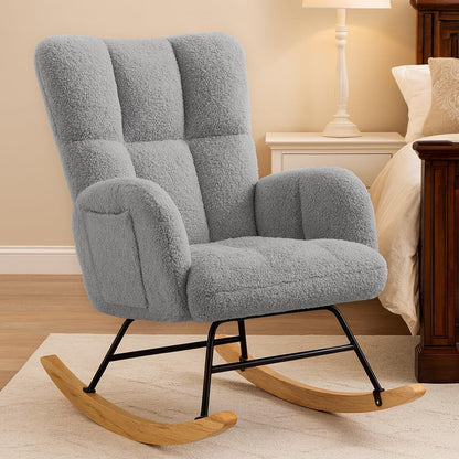 COMHOMA Nursery Rocking Chair with Ottoman,Teddy Glider Rocking Chair,Accent Chair with High Backrest Reading Chair for Adult,Nursery,Bedroom,Living Room,Offices(Beige with Ottoman)