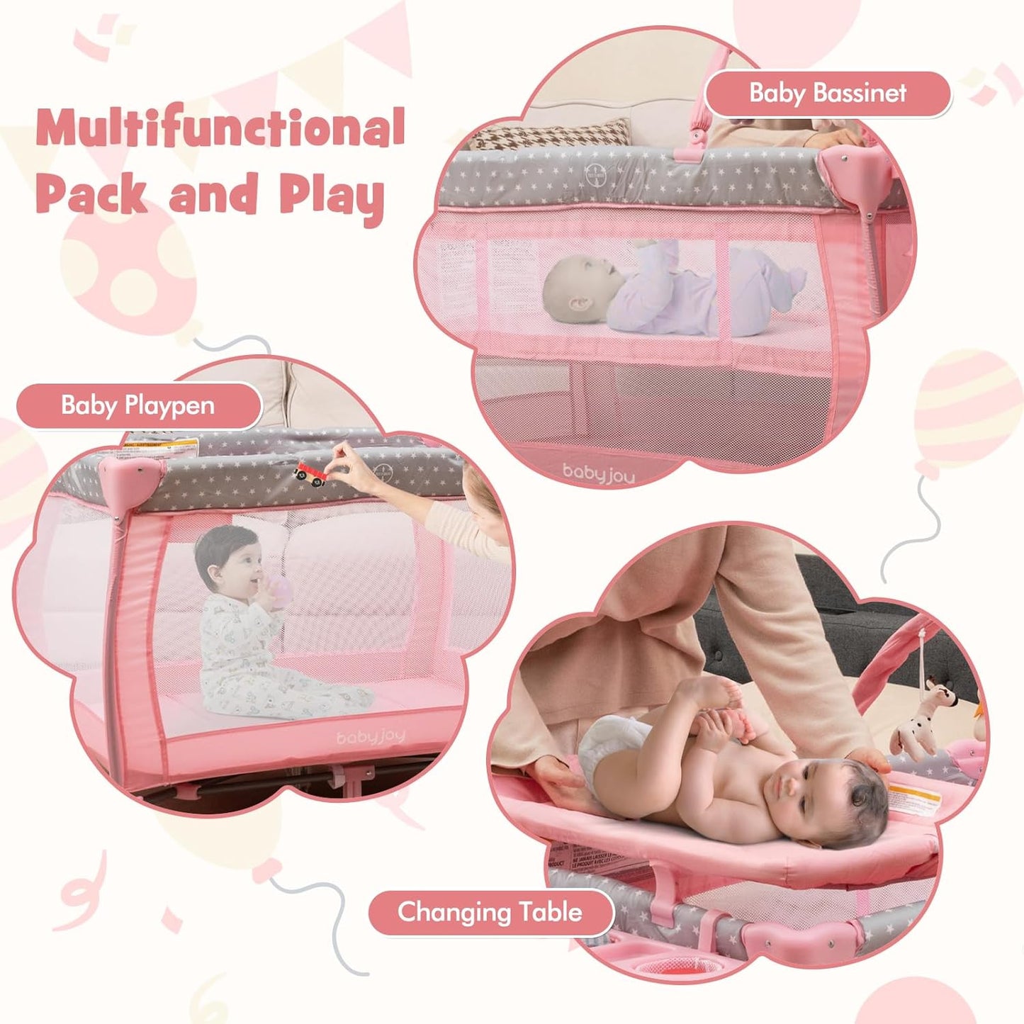 BABY JOY 3 in 1 Portable Pack and Play with Bassinet, Convertible Baby Travel Crib Playard with Changing Table, Brake Wheel, Newborn Napper with Large Capacity Storage Shelf, Oxford Carry Bag