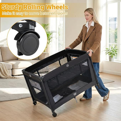 BABY JOY Pack and Play with Bassinet, Portable Playard for Baby, Double Layer Foldable Baby Playpen with Mattress, Lightweight Travel Crib with Bassinet & Carry Bag from Newborn to Toddlers