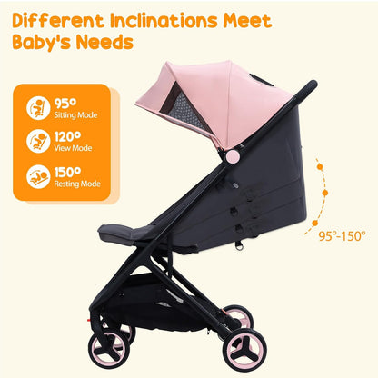 Lightweight Baby Stroller, Compact One-Hand Fold Travel Stroller Airplane Friendly, Reclining Infant Stroller with 5-Point Harness & Adjustable Canopy, All-Terrain Stroller for Toddlers 6-36 Months