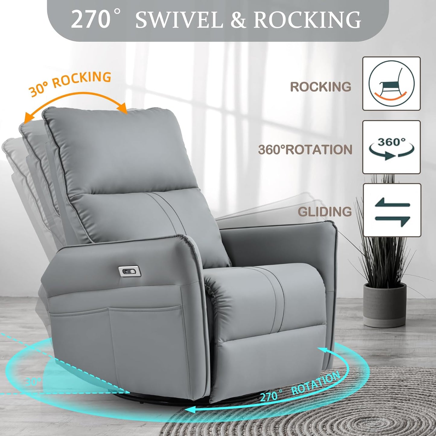 Power Swivel Rocker Recliner Chair for Nursery, Upholstered Snowflake Velvet 270°Swivel Glider Rocker Chair with USB Ports, Small Power Recliners for Small Spaces Living Room