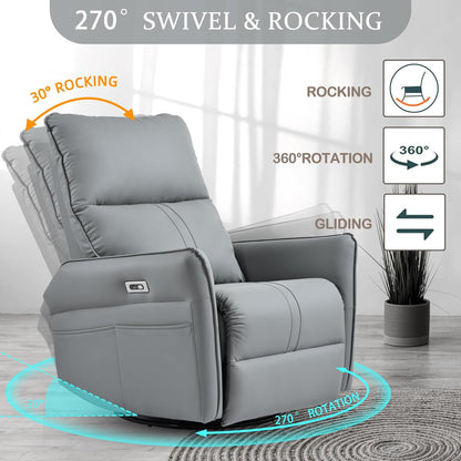 Power Swivel Rocker Recliner Chair for Nursery, Upholstered Snowflake Velvet 270°Swivel Glider Rocker Chair with USB Ports, Small Power Recliners for Small Spaces Living Room