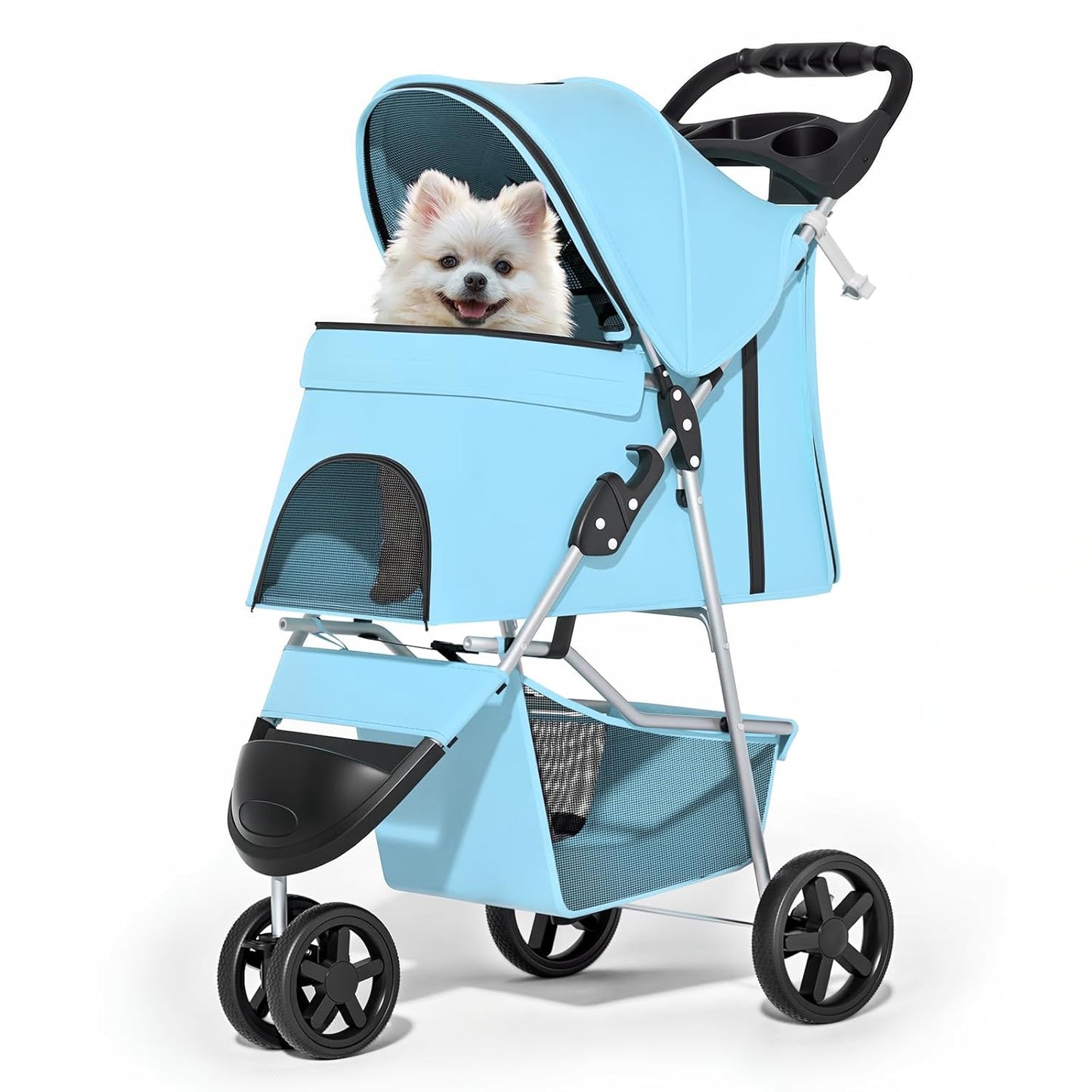 MoNiBloom Foldable Pet Stroller with Weather Cover, 3 Wheels Pet Strolling Cart for Small/Medium Dogs and Cats with Storage Basket and Cup Holder, Breathable and Visible Mesh for All-Season, Black