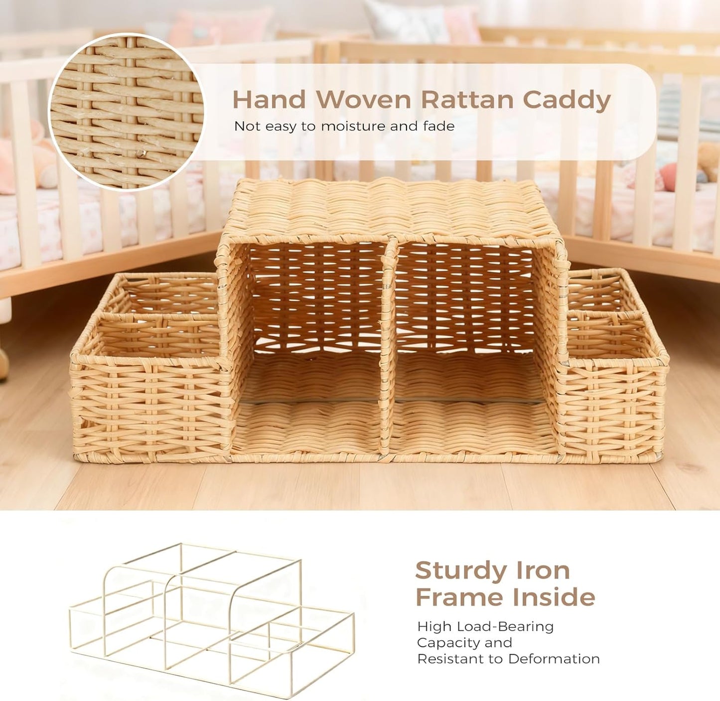 Diaper Caddy Organizer, Hand Rattan Nursery Storage Basket for Baby Essentials, Baby Changing Table Organizer Perfect Nursery Assistant (Natural Light Woven - Style 1, M)