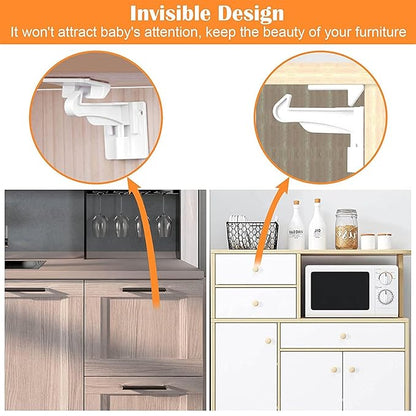 8 Pack Upgraded Invisible Baby Proofing Cabinet Latch Locks - No Drilling or Tools Required, Children Proof Cupboard Drawers Latches, Works with Most Cabinets and Drawers - Adhesive Easy Installation