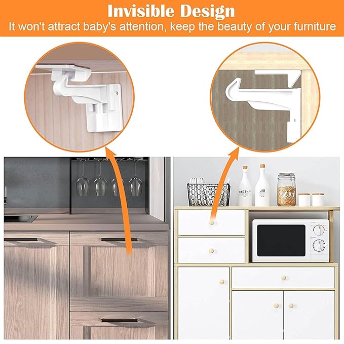 20 Pack Upgraded Invisible Baby Proofing Cabinet Latch Locks - No Drilling or Tools Required, Children Proof Cupboard Drawers Latches, Works with Most Cabinets and Drawers - Adhesive Easy Installation