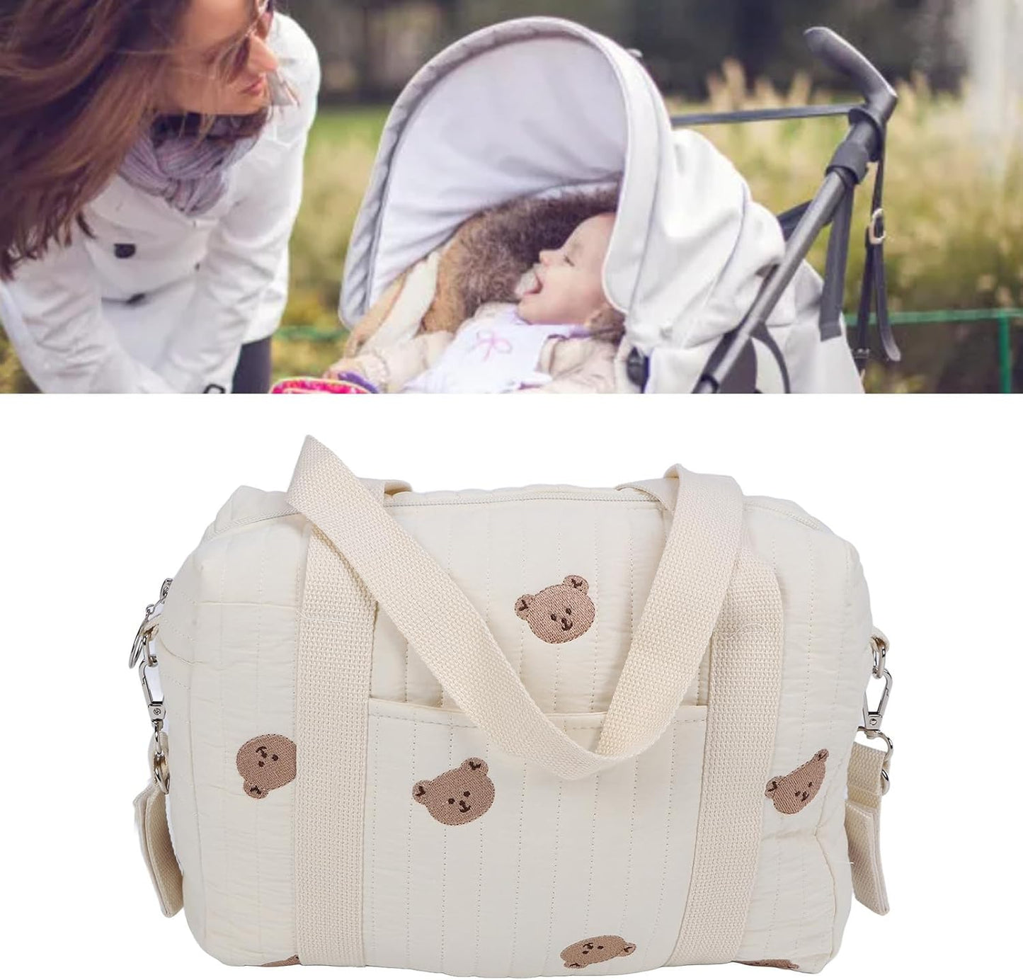 SUNGOOYUE Baby Stroller Storage Bag, Large Capacity Hanging Organizer with Zipper Pockets Cotton Stroller Bag for Mom Essentials Diapers Toys (Bear Bag)