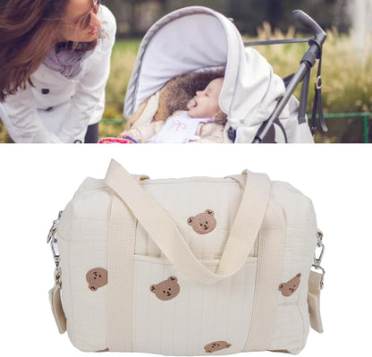 SUNGOOYUE Baby Stroller Storage Bag, Large Capacity Hanging Organizer with Zipper Pockets Cotton Stroller Bag for Mom Essentials Diapers Toys (Bear Bag)