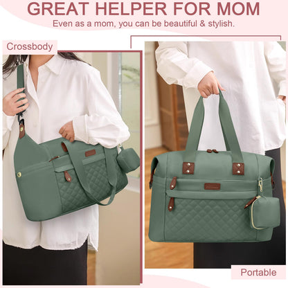 Pritent Diaper Bag Tote - Diaper Baby Bags with Pacifier Case, Shoulder Straps, Stroller Clips, Waterproof Large Mommy Maternity Travel Baby Bag for Mom and Dad, Green, Medium