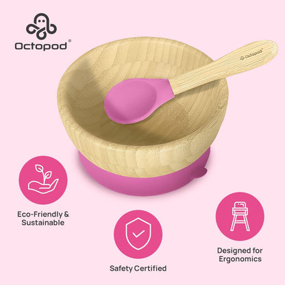 Abiie Octopod Bamboo Baby Bowl Set for 4 Months and Up – Mess-Free High Chair Suction Bowl with Spoon for Toddlers and Kids - Ergonomic Baby Feeding Essentials - 5.7" x 3" x 5.7" - Pink