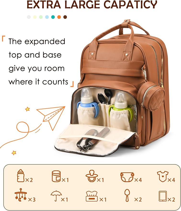 Diaper Bag Backpack with Changing Station, Newborn Essentials Must Haves, Water-Resistant Vegan Leather Diaper Backpack, Large Capacity Baby Travel Bag with Stroller Straps, Unisex Brown