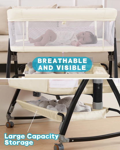 Bedside Bassinet for Baby, 3 in 1 Breathable Mesh Baby Bassinet, 6 Height Adjustable, Easy to Assemble, Bassinet Bedside Sleeper with Wheels, Mosquito Net, Storage Basket, Bassinets for Newborn Baby | Multi-functional