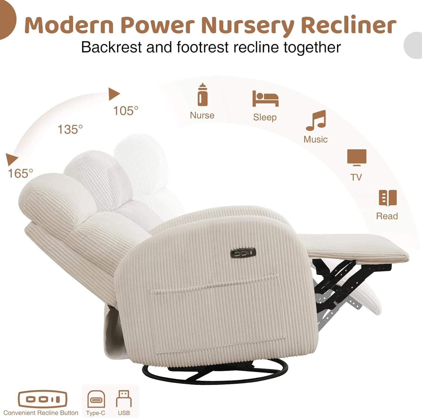 Swivel Rocker Recliner Chair, Rocking Recliner for Nursery with Side Pockets, Manual Swivel Reclining Nursery Glider Chair for Breastfeeding Living Room, Camel Chenille
