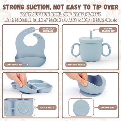 Silicone Baby Feeding Set, Baby Led Weaning Supplies, Baby Food Tableware Silicone Suction Plate, Bowl, Spoons, Fork, Waterproof Bib, Cup & Complementary Food Cake Mold, Baby Eating Utensils