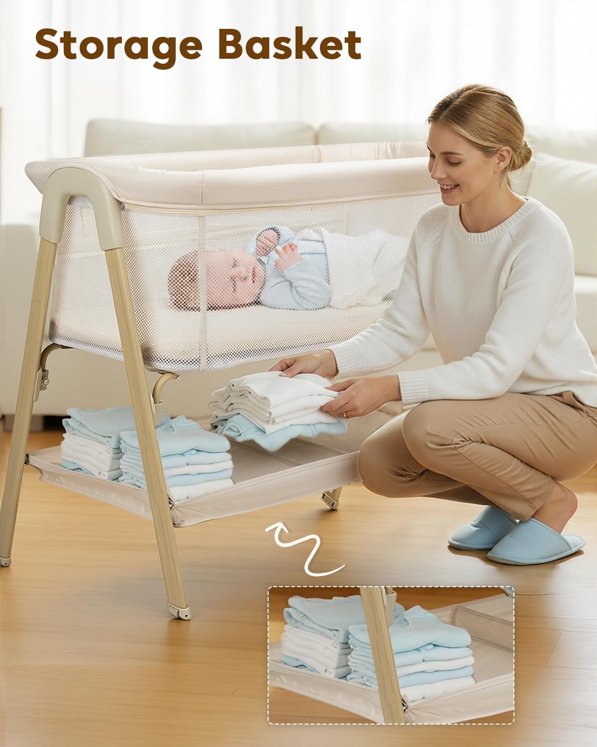 Baby Bassinet, Bedside Bassinet for Baby, Bassinet Bedside Sleeper with Mattress, Storage Basket and 4 Auto-Lock Wheels, Full-Mesh Sides, Bedside Mini Crib for Newborn (Beige)