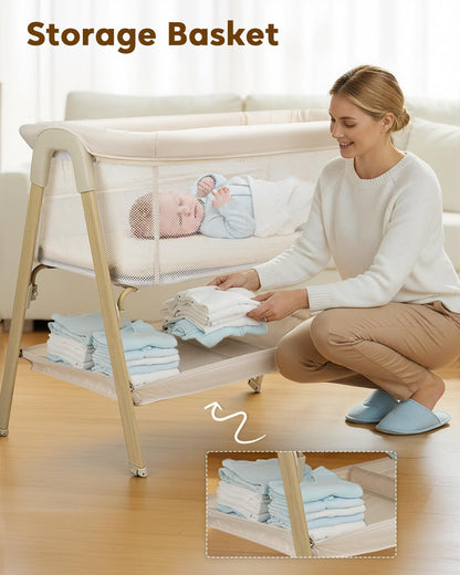 Baby Bassinet, Bedside Bassinet for Baby, Bassinet Bedside Sleeper with Mattress, Storage Basket and 4 Auto-Lock Wheels, Full-Mesh Sides, Bedside Mini Crib for Newborn (Beige)