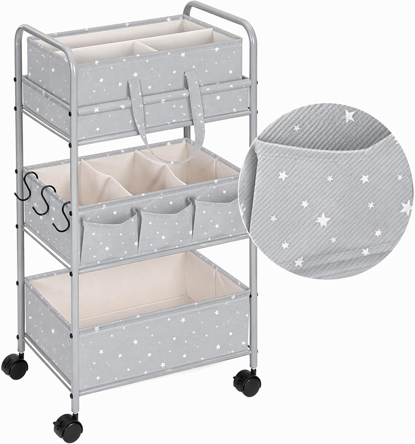 Yookeer 2in1 Baby Diaper Caddy Organizer Cart 3 Tier Large Capacity Metal Utility Bedside Rolling Cart with Divider Newborn Registry Gift Nursery Essential Must Have Bedroom Baby Shower(Gray,Star)
