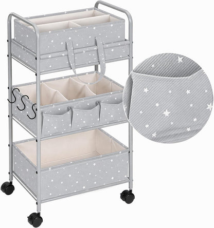 Yookeer 2in1 Baby Diaper Caddy Organizer Cart 3 Tier Large Capacity Metal Utility Bedside Rolling Cart with Divider Newborn Registry Gift Nursery Essential Must Have Bedroom Baby Shower(Gray,Star)