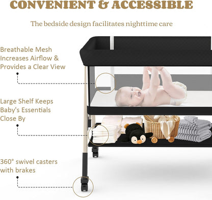 Baby Bassinet, 3-in-1 Baby Bassinets Bedside Sleeper for Newborn with Breathable Mesh, Portable Baby Crib with 4- Adjustable Height, Mattress, Storage Basket & Lockable Wheels, CPSC Beige
