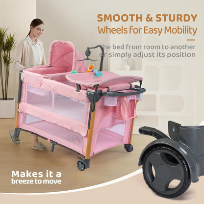 JOYMOR 7 in 1 Bedside Bassinet with Changing Table, All in One Nursery Center, Bedside Sleeper with Mattress, Sheet, Canopy, Storage Shelf,Gray