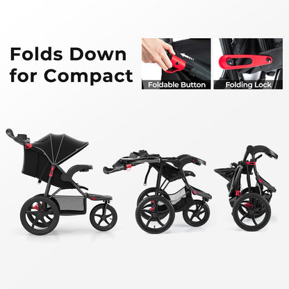 INFANS Jogging Stroller, Foldable Jogger with Air-Filled Tires Shock Absorbing Suspension Adjustable Backrest, Baby Running Strollers