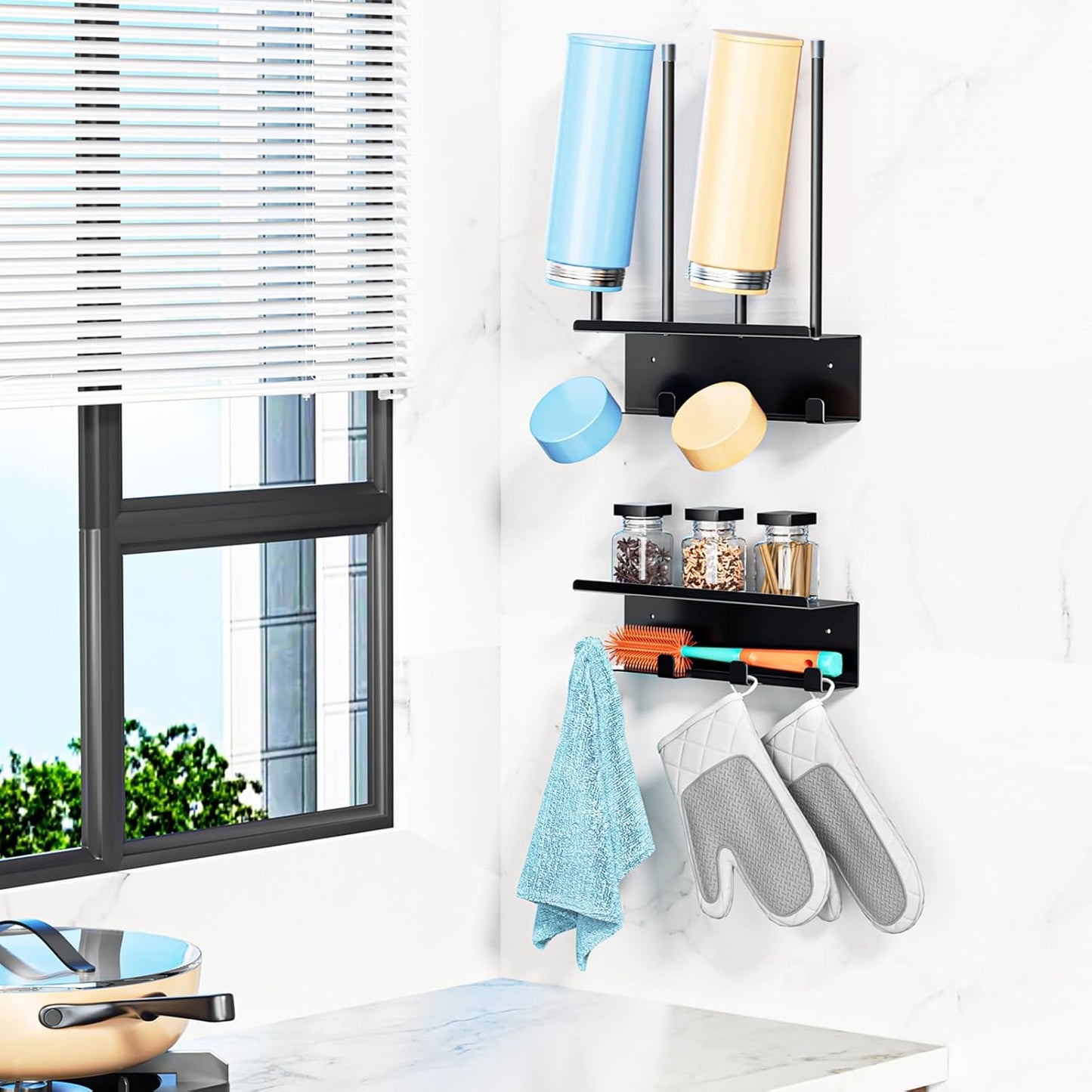 Wall Mounted Water Bottle Drying Rack, Baby Bottle Dryer Rack, Metal Cup Rack Dryer Stand, Mug Holder with Storage Rack, Mug Hooks for Bottle Cap, Bottle Drying Rack for Cups, Plastic Bags (Black)
