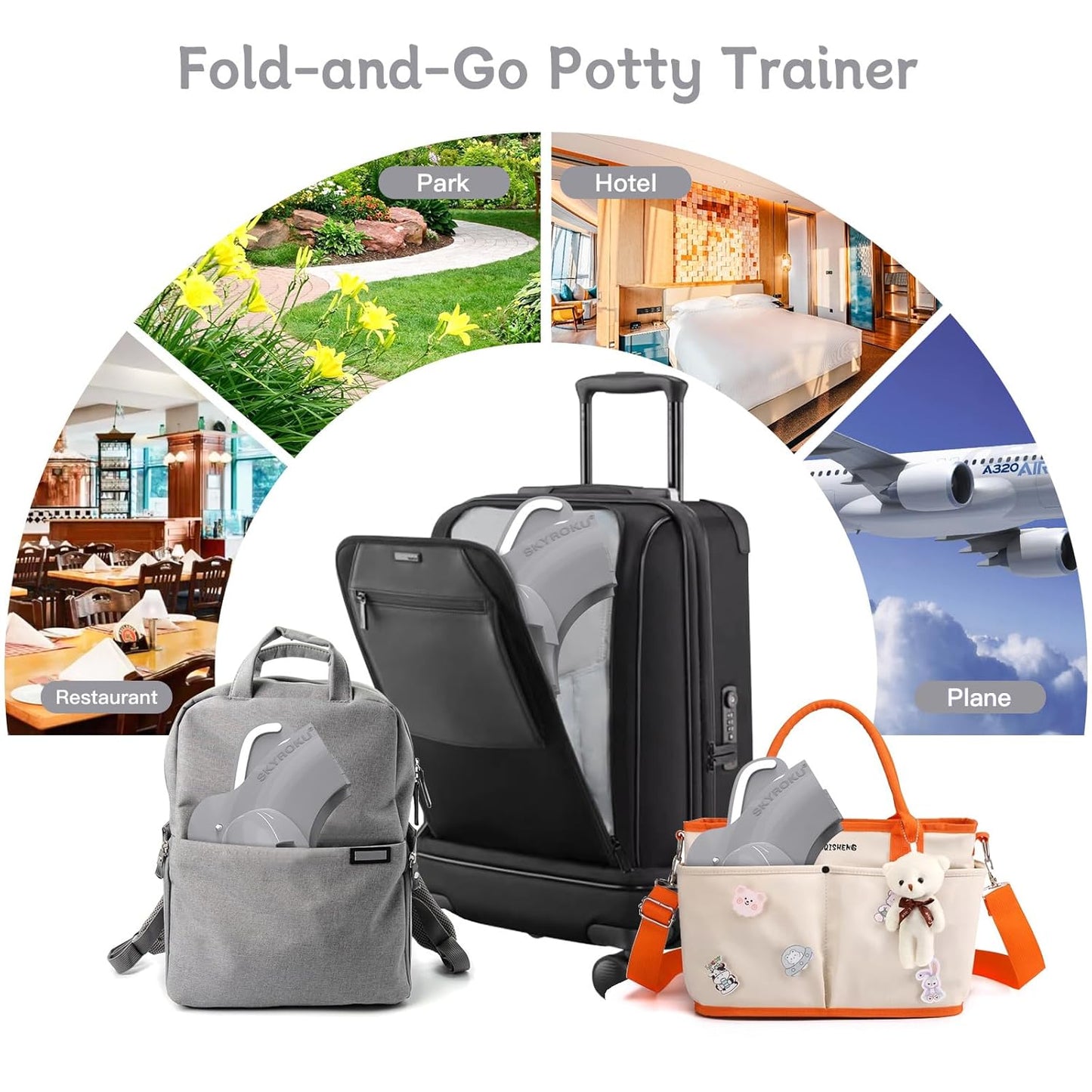 Foldable Travel Potty Seat for Toddler, Portable Toilet Training Seat for Kids on The Go, Fits Round & Oval Toilets with Non-Slip Base & Travel Bag for Car Airplane Essentials, Grey