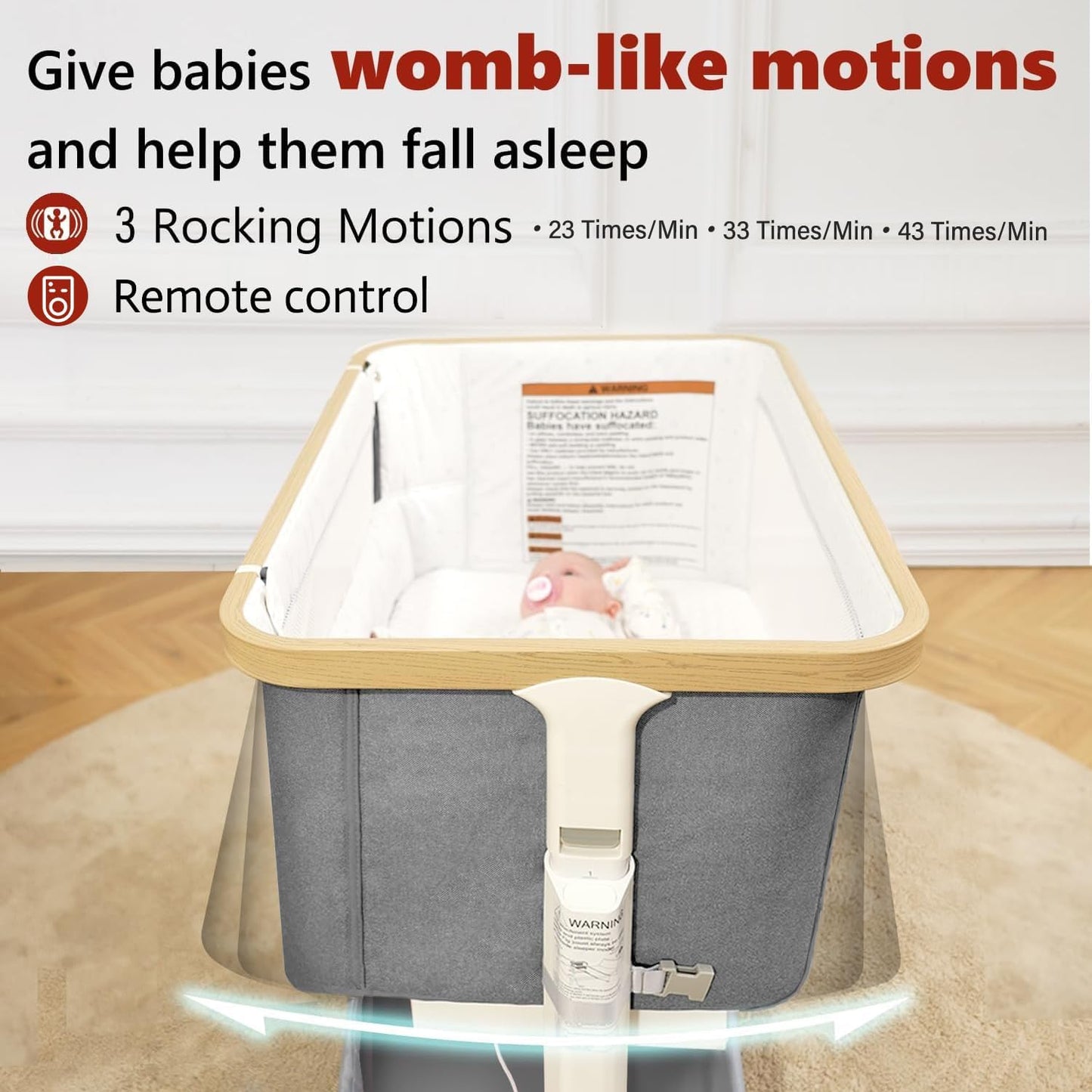 VaVaSoo Electric Rocking Bassinet for Baby Automatic Bedside Sleeper Rocks Itself 3 Speeds Auto Rolling Newborn Cradle 5 Height Adjustable with Music, Wheels, Storage, Dark Grey