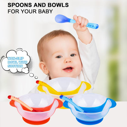 Berry President Baby Bowls with Suction Base, Spill-Proof Lid, Temperature-Sensing Spoon, Binaural Design Bowl for Babies Kids children Toddlers, First Stage Self Feeding (Pack of 3)