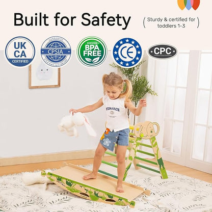 WINGYZ Pikler Triangle Set, Montessori Foldable 8-in-1 Jungle Gym with Reversible Animal Slide, Patent-Protected Climbing Set, Safe 2.35" Gap ASTM F963 Standards for Toddlers 18 Months-7 Years (Green)