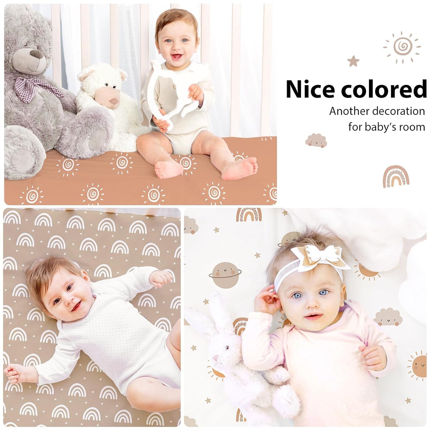 Baby Mini Crib Sheets Girl, Portable 38”x26” Pack and Play Sheets Fitted for Playard and Pack N Play Mattress, 3-Pack Soft Microfiber Pink Rainbow