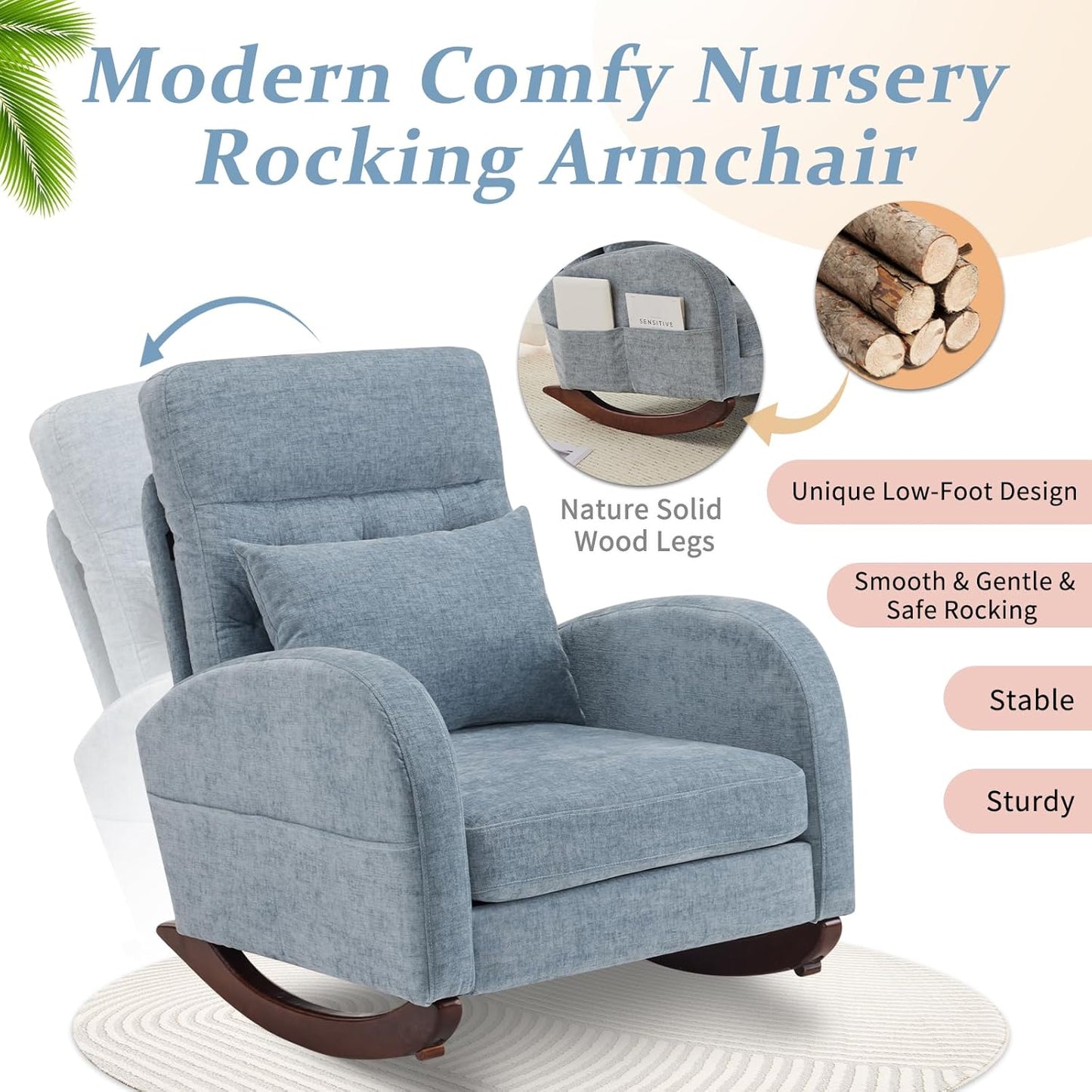 VINGLI Teddy Fleece Low Seat Rocking Chair,Boucle Upholstered Nursery Glider Chair with Side Pockets,Accent Arm Chair with High Backrest,Comfy Head Rest,Solid Wood,For Living Room Bedroom Balcony,Pink