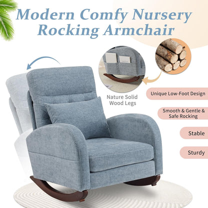 VINGLI Teddy Fleece Low Seat Rocking Chair,Boucle Upholstered Nursery Glider Chair with Side Pockets,Accent Arm Chair with High Backrest,Comfy Head Rest,Solid Wood,For Living Room Bedroom Balcony,Pink