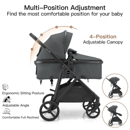 Gromast 3-in-1 Baby Stroller, Convertible Stroller for Newborn Infant Toddler with Reversible Seat, UPF 50+ Canopy & Cup Holder - Black