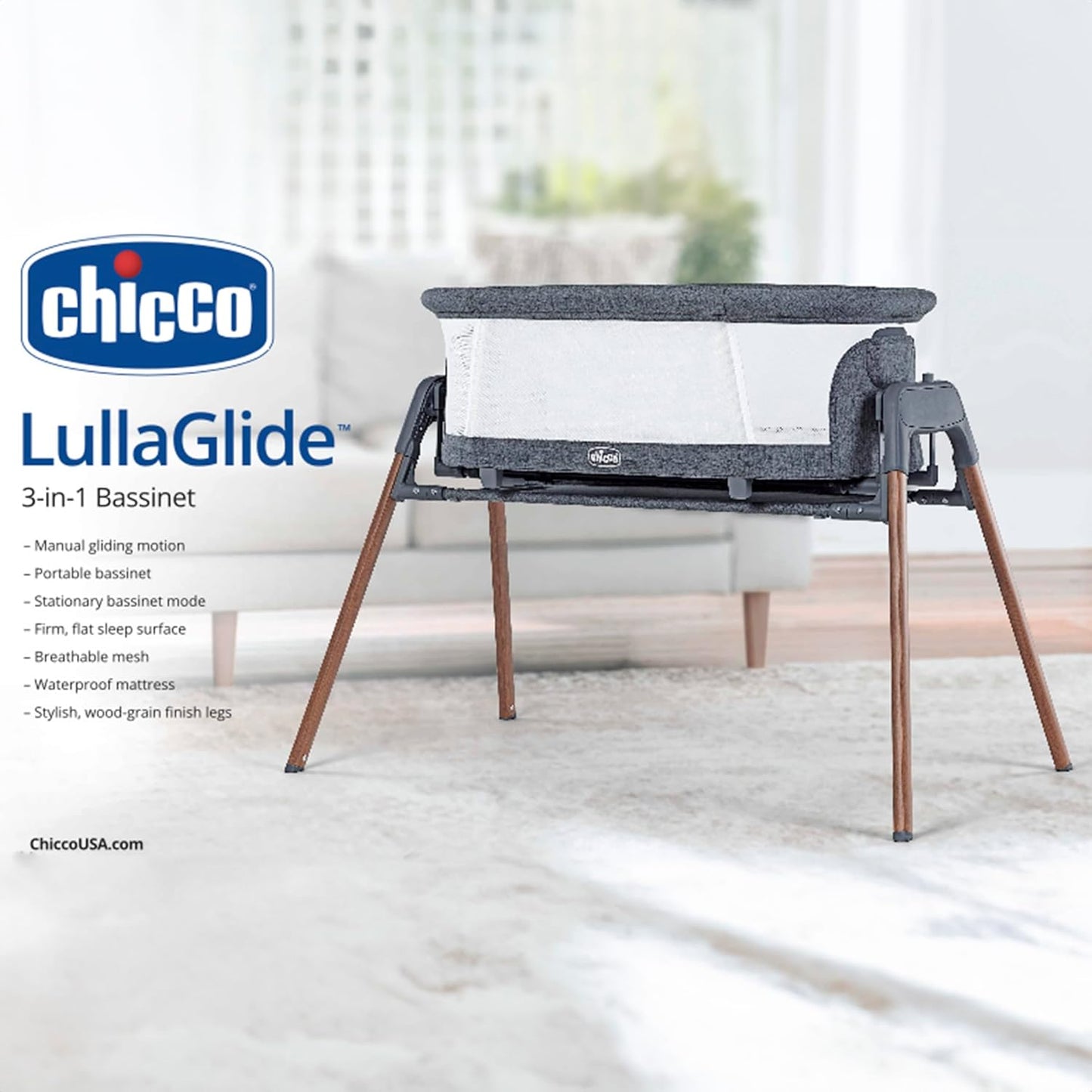 Chicco LullaGlide 3-in-1 Stationary, Gliding, and Portable Baby Bassinet, Waterproof Mattress and Fitted Sheet, Travel Bassinet for Baby Includes Carry Bag, Luna/Grey