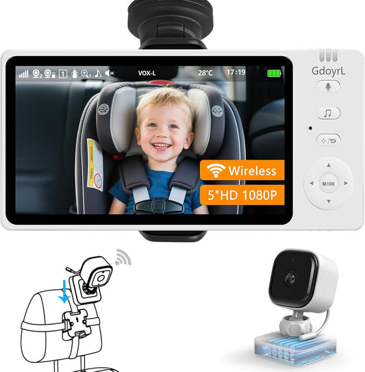 Wireless Baby Car Camera 5" HD 1080P IPS Anti-Glare Screen USB Powered, Temperature Alert, Night Vision & VOX Mode, 360° Rotatable Rear Facing Carseat Monitor Newborns Travel Essentials Gifts