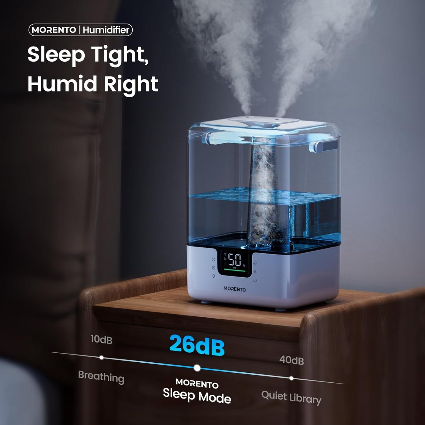 MERONTE Smart Humidifiers for Bedroom Large Room Home, 6L Cool Mist Top Fill Humidifier with Essential Oil Diffuser, Smart App & Voice Control, for Nursery & Plants, Black, 1 Pack + 7 Color NightLight