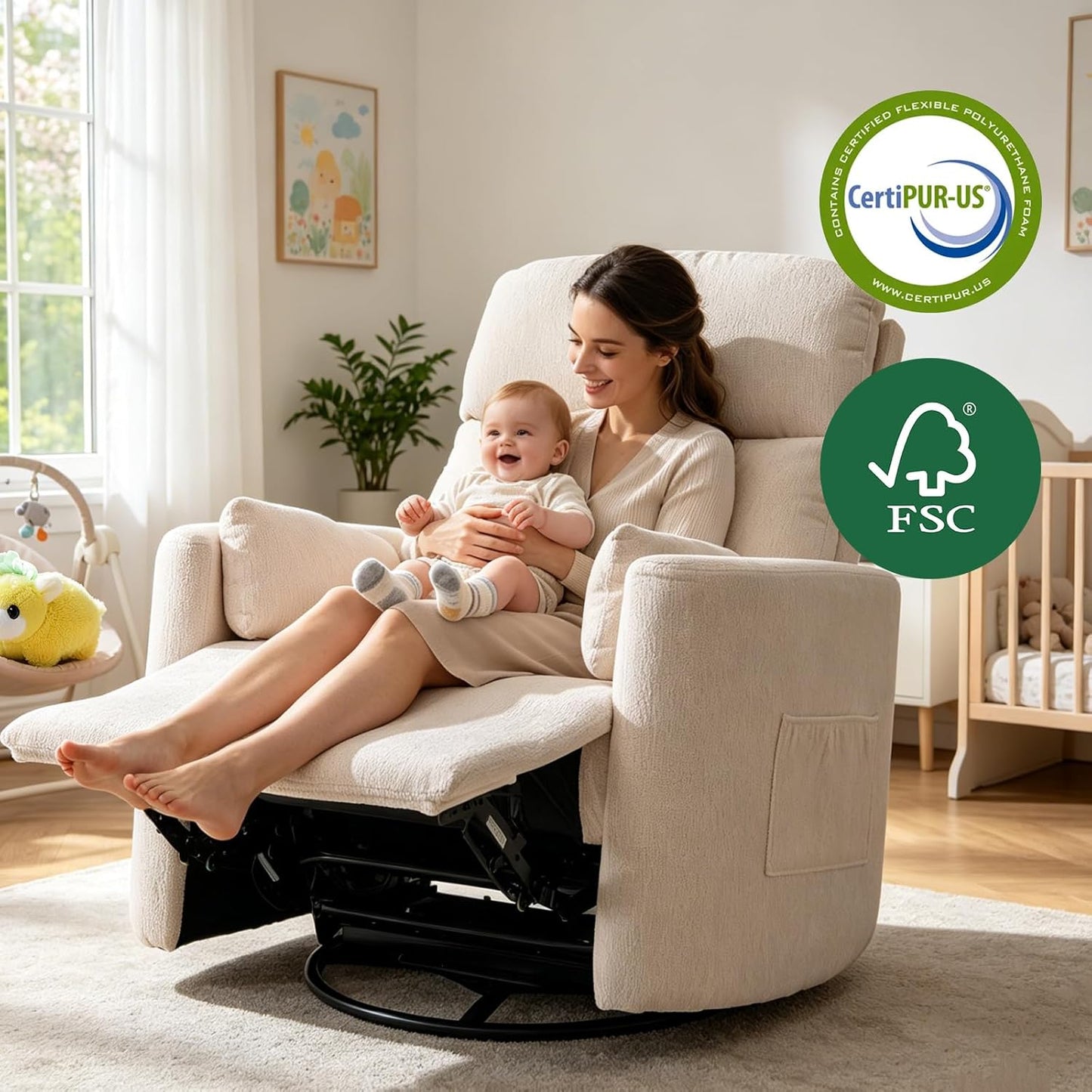 Oversized Swivel Rocker Recliner Chair with Heat and Massage, Rocking Chair with Adjustable Headrest, Manual Recliner, Glider Recliner with 2 Pillows, Chenille White